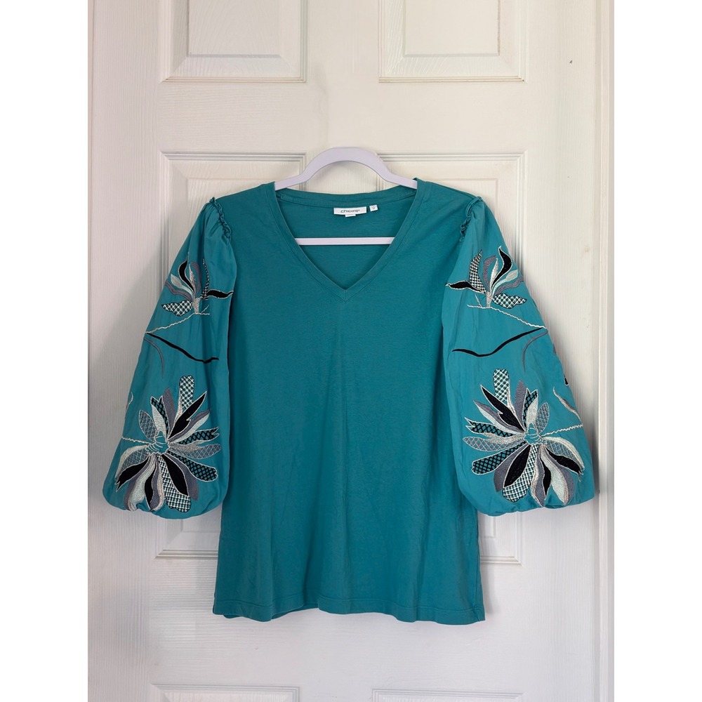 Chico's Embroidered Balloon Sleeve Cotton Top Women's 1 M Teal Boho V-Neck